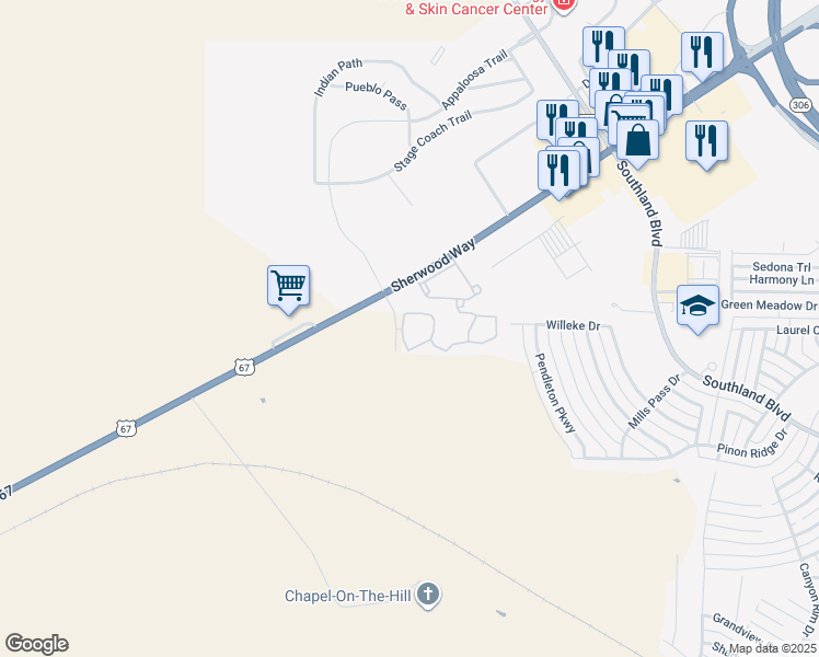 map of restaurants, bars, coffee shops, grocery stores, and more near 6161 Sherwood Way in San Angelo
