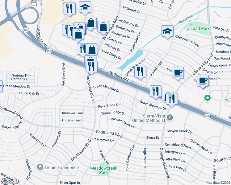 map of restaurants, bars, coffee shops, grocery stores, and more near 4402 Meadow Creek Trail in San Angelo