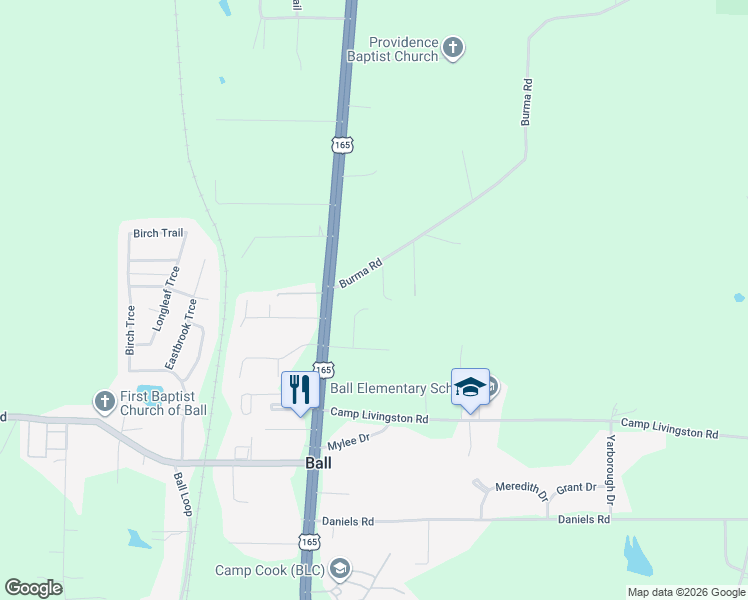 map of restaurants, bars, coffee shops, grocery stores, and more near 36 Burma Road in Ball