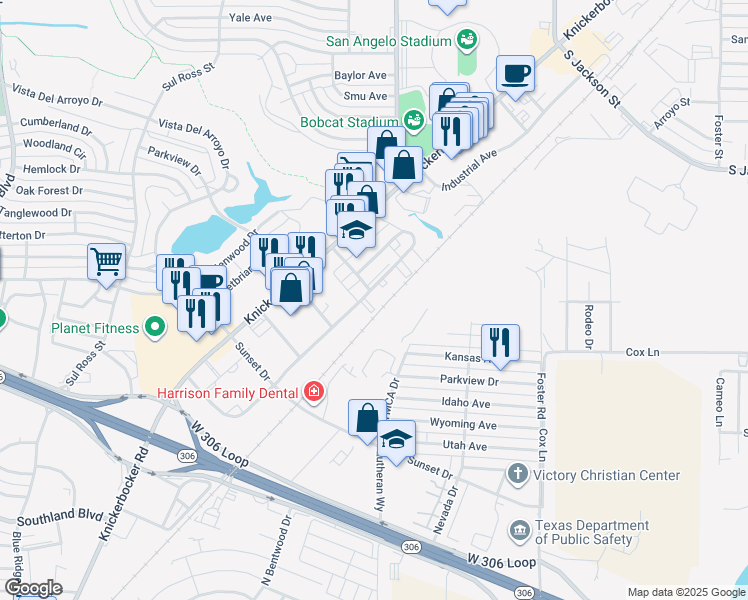 map of restaurants, bars, coffee shops, grocery stores, and more near 3197 Executive Drive in San Angelo