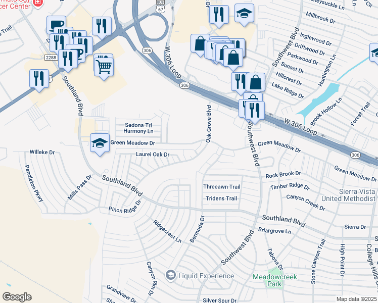 map of restaurants, bars, coffee shops, grocery stores, and more near 4001 Green Meadow Drive in San Angelo