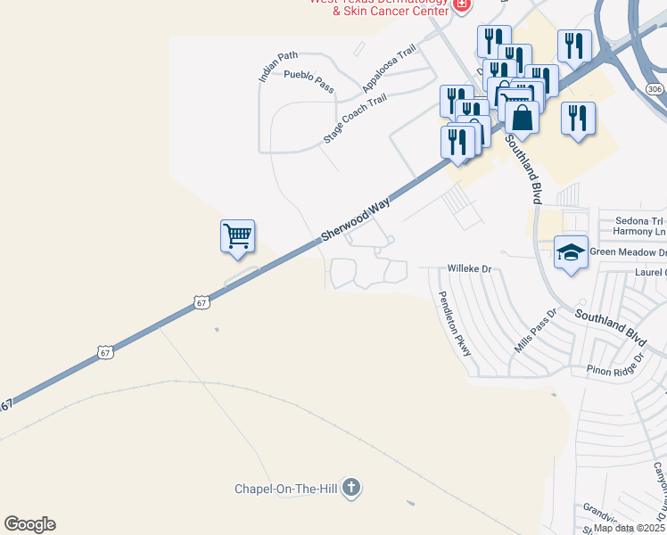 map of restaurants, bars, coffee shops, grocery stores, and more near 6161 Sherwood Way in San Angelo