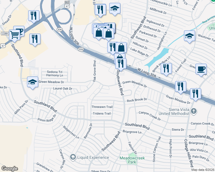 map of restaurants, bars, coffee shops, grocery stores, and more near Green Meadow Drive in San Angelo