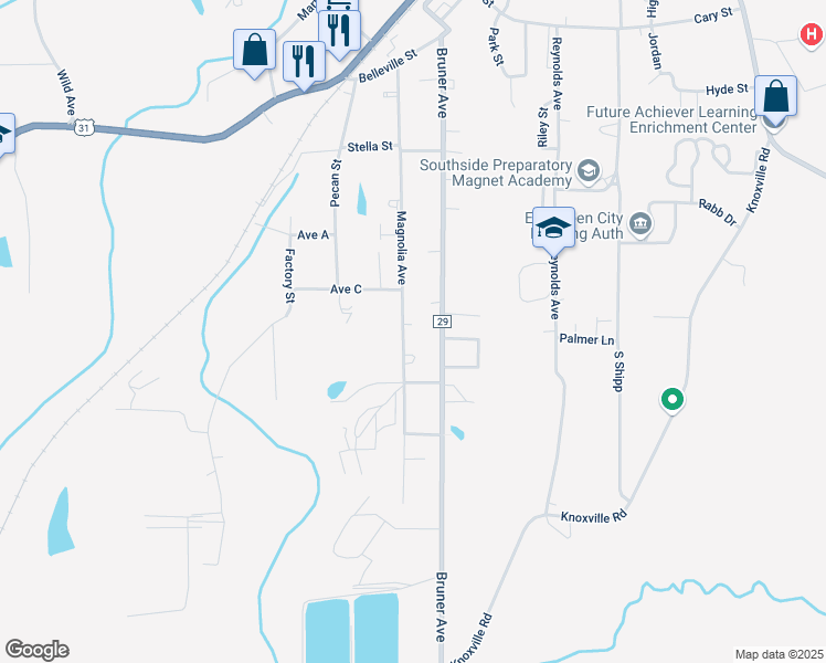 map of restaurants, bars, coffee shops, grocery stores, and more near 600-698 Magnolia Avenue in Evergreen