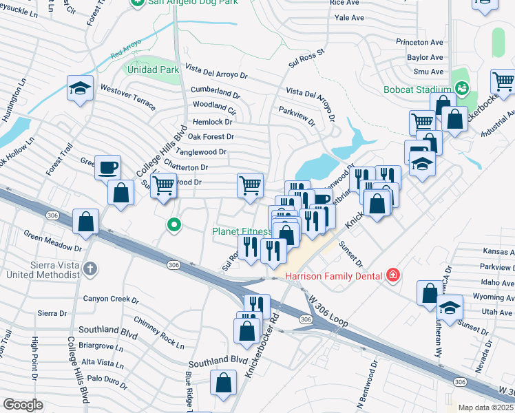 map of restaurants, bars, coffee shops, grocery stores, and more near 2640 Sunset Drive in San Angelo