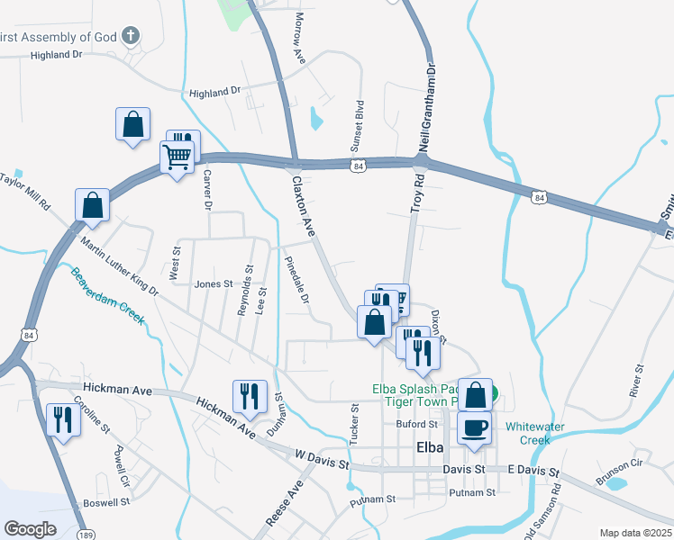 map of restaurants, bars, coffee shops, grocery stores, and more near 764 Claxton Avenue in Elba