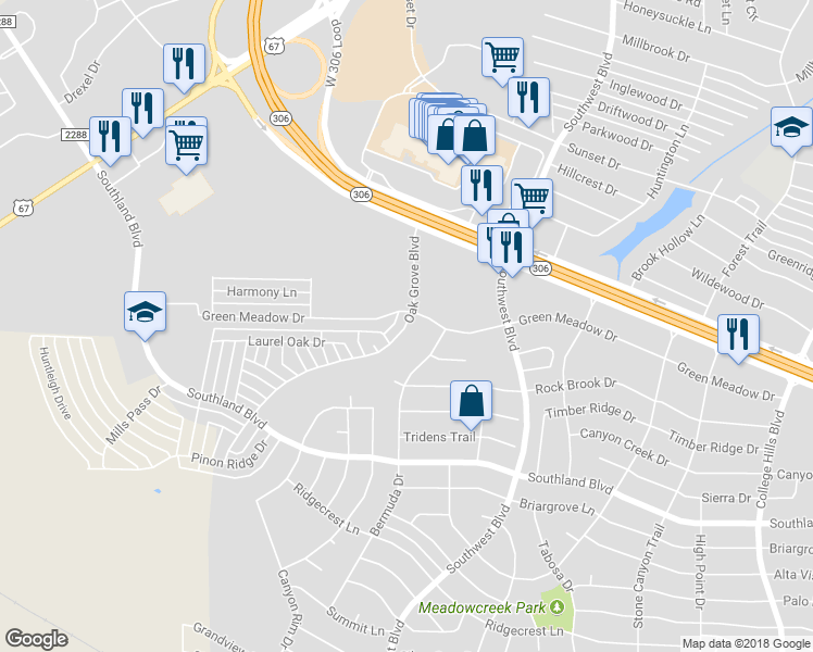 map of restaurants, bars, coffee shops, grocery stores, and more near 4441 Oak Grove Boulevard in San Angelo