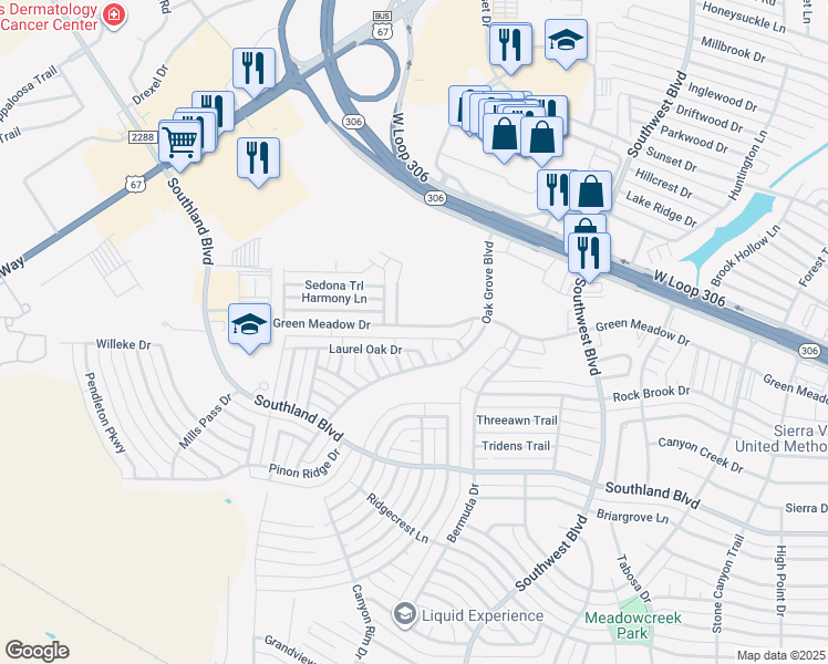 map of restaurants, bars, coffee shops, grocery stores, and more near 4031 Green Meadow Drive in San Angelo