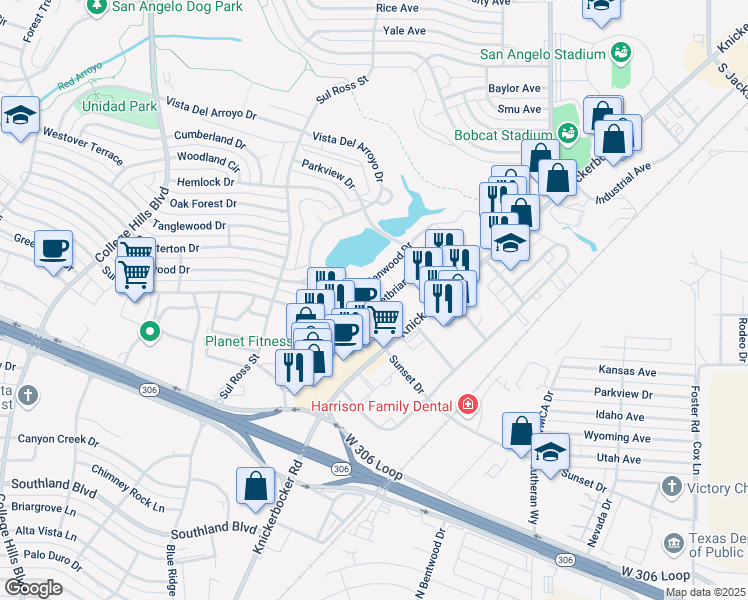 map of restaurants, bars, coffee shops, grocery stores, and more near 2508 Sweetbriar Drive in San Angelo