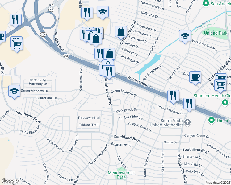 map of restaurants, bars, coffee shops, grocery stores, and more near 3461 Green Meadow Drive in San Angelo