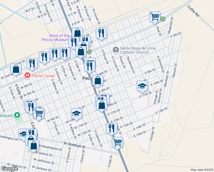 map of restaurants, bars, coffee shops, grocery stores, and more near 700-798 South Ash Street in Pecos