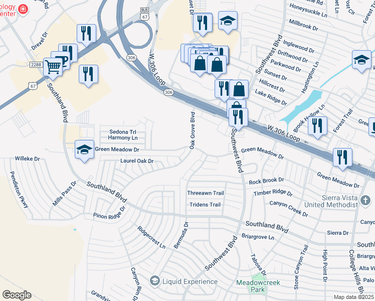 map of restaurants, bars, coffee shops, grocery stores, and more near 4433 Oak Grove Boulevard in San Angelo