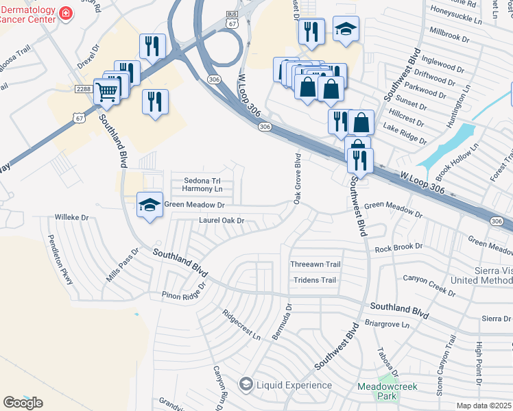 map of restaurants, bars, coffee shops, grocery stores, and more near 4022 Green Meadow Drive in San Angelo