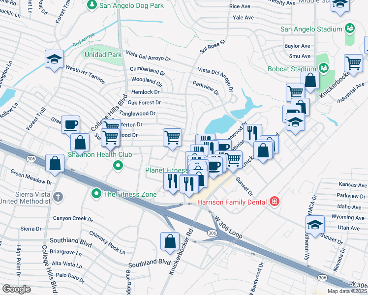 map of restaurants, bars, coffee shops, grocery stores, and more near 2640 Sunset Drive in San Angelo