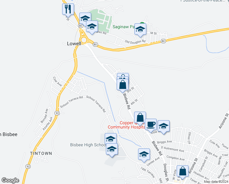 map of restaurants, bars, coffee shops, grocery stores, and more near 203 Bisbee Road in Bisbee