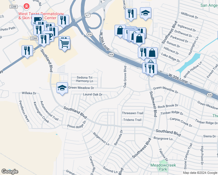 map of restaurants, bars, coffee shops, grocery stores, and more near 4022 Green Meadow Drive in San Angelo