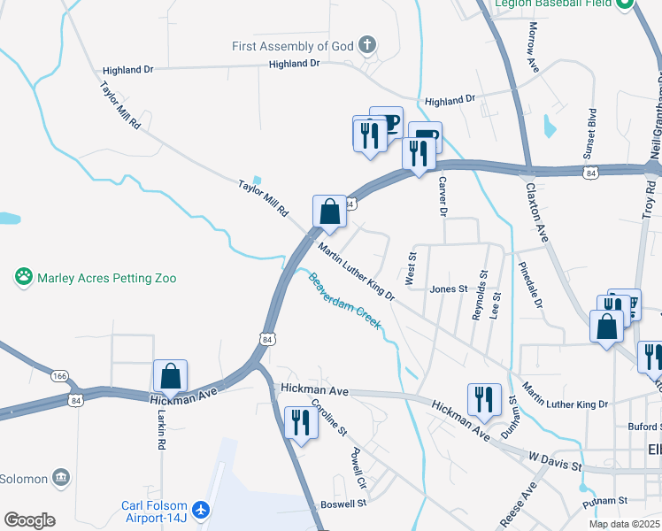 map of restaurants, bars, coffee shops, grocery stores, and more near 1883 Martin Luther King Drive in Elba