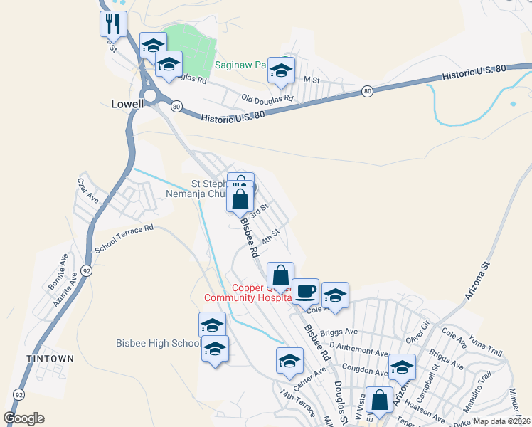 map of restaurants, bars, coffee shops, grocery stores, and more near 302 Park Avenue in Bisbee