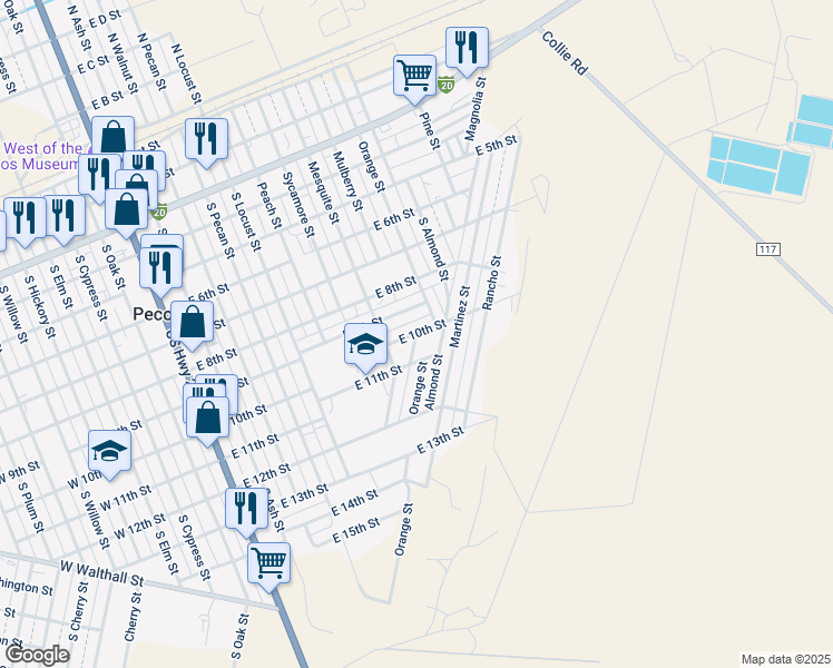 map of restaurants, bars, coffee shops, grocery stores, and more near 1018 East 10th Street in Pecos