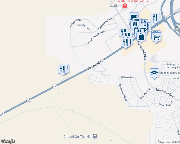 map of restaurants, bars, coffee shops, grocery stores, and more near 6161 Sherwood Way in San Angelo
