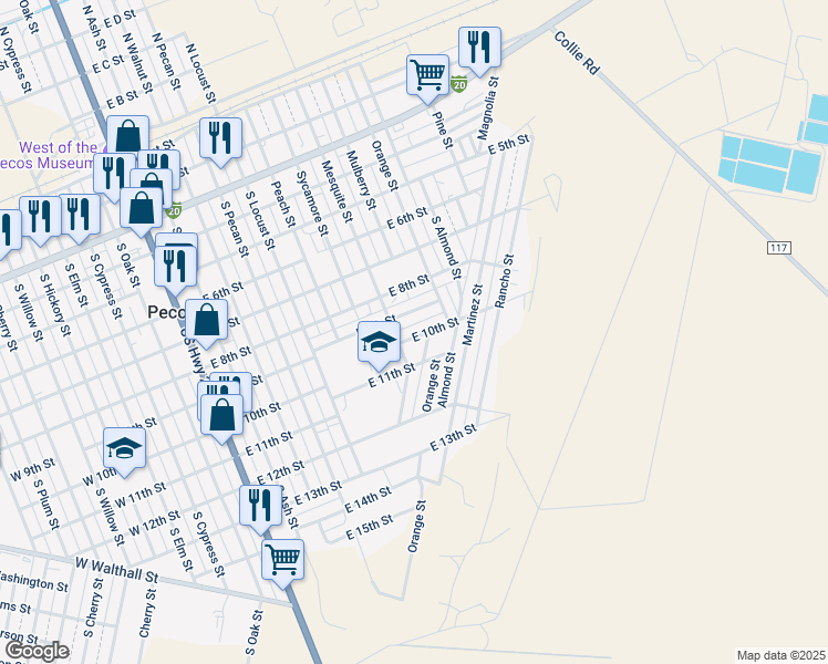 map of restaurants, bars, coffee shops, grocery stores, and more near 900-1018 East 10th Street in Pecos