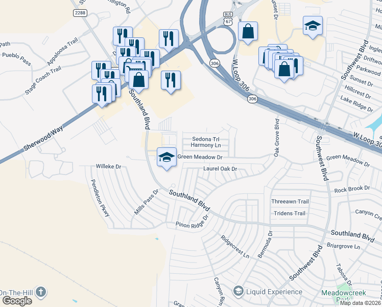 map of restaurants, bars, coffee shops, grocery stores, and more near Green Meadow Dr in San Angelo