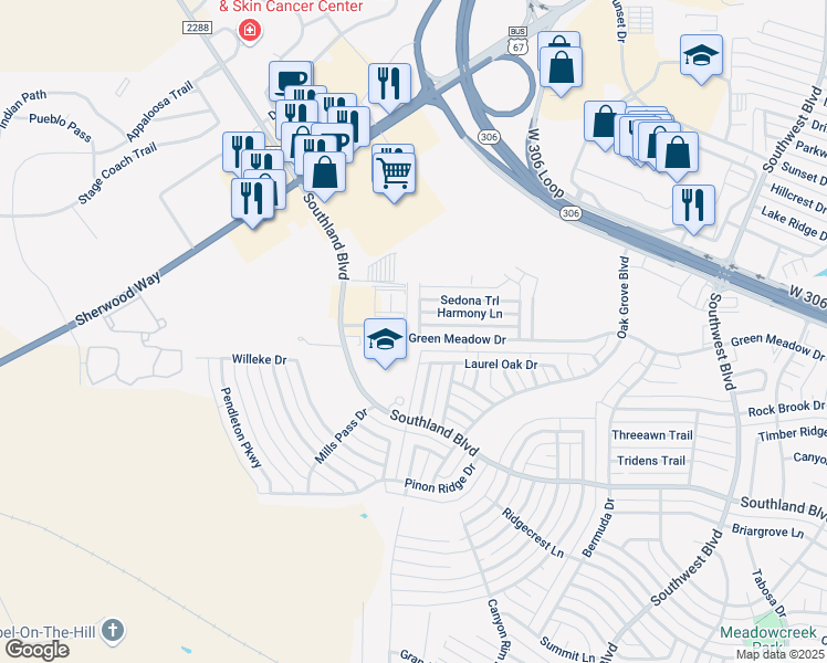 map of restaurants, bars, coffee shops, grocery stores, and more near 4302 Green Meadow Drive in San Angelo