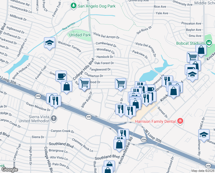 map of restaurants, bars, coffee shops, grocery stores, and more near 2908 Sunset Drive in San Angelo
