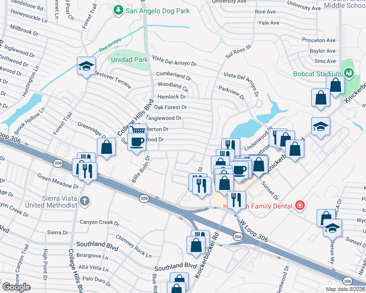 map of restaurants, bars, coffee shops, grocery stores, and more near 2908 Sunset Drive in San Angelo