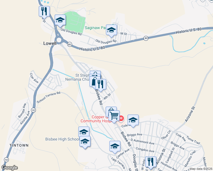 map of restaurants, bars, coffee shops, grocery stores, and more near 302 Park Avenue in Bisbee