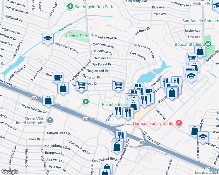 map of restaurants, bars, coffee shops, grocery stores, and more near 4001 Sul Ross Street in San Angelo