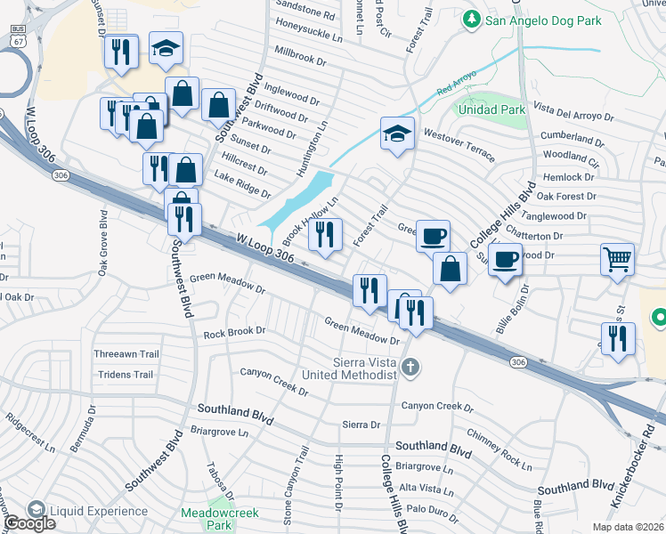 map of restaurants, bars, coffee shops, grocery stores, and more near 3609 Fieldwood Drive in San Angelo