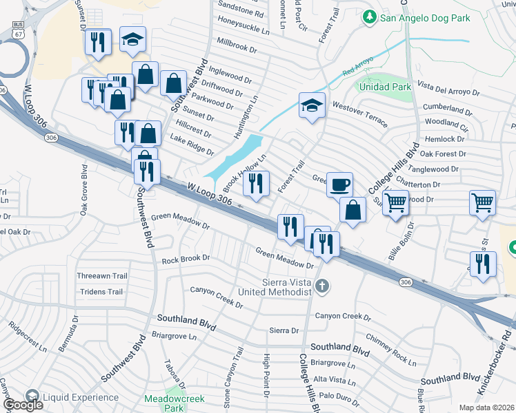 map of restaurants, bars, coffee shops, grocery stores, and more near 3609 Fieldwood Drive in San Angelo