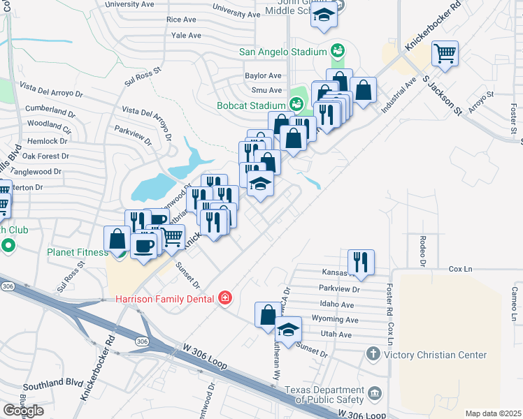 map of restaurants, bars, coffee shops, grocery stores, and more near 3132 Executive Drive in San Angelo
