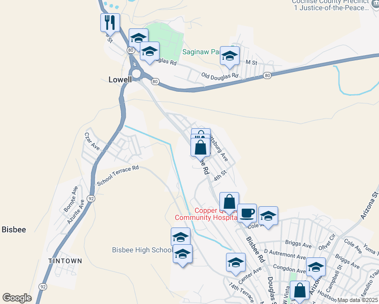 map of restaurants, bars, coffee shops, grocery stores, and more near 203 Bisbee Road in Bisbee