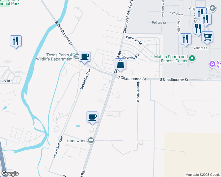 map of restaurants, bars, coffee shops, grocery stores, and more near 3600-3800 Christoval Road in San Angelo