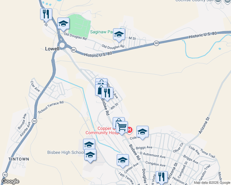 map of restaurants, bars, coffee shops, grocery stores, and more near 302 Park Avenue in Bisbee