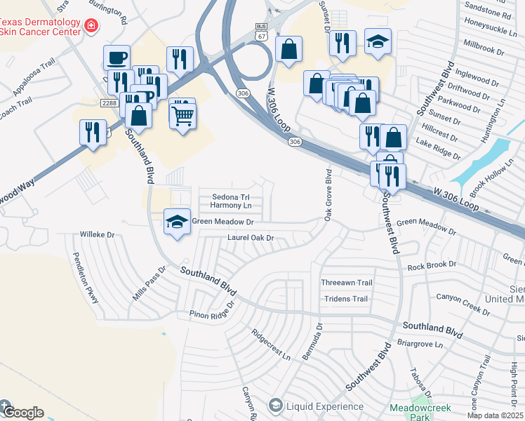 map of restaurants, bars, coffee shops, grocery stores, and more near Rimrock Circle in San Angelo