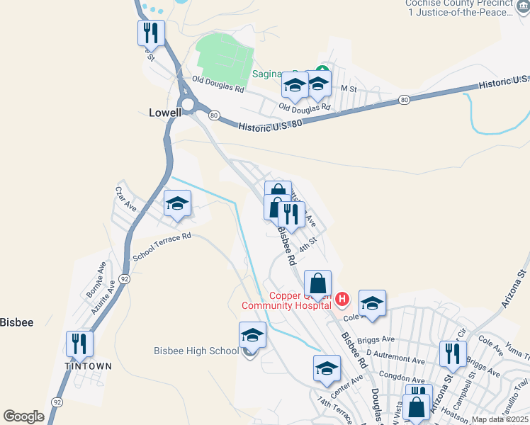 map of restaurants, bars, coffee shops, grocery stores, and more near 203 Bisbee Road in Bisbee