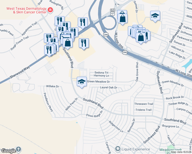 map of restaurants, bars, coffee shops, grocery stores, and more near 4101-4199 Harmony Lane in San Angelo
