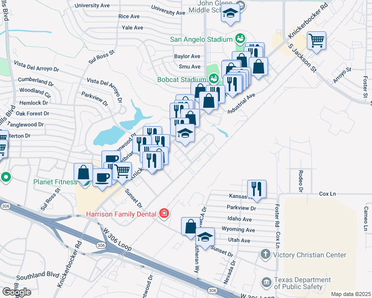map of restaurants, bars, coffee shops, grocery stores, and more near 3132 Executive Drive in San Angelo