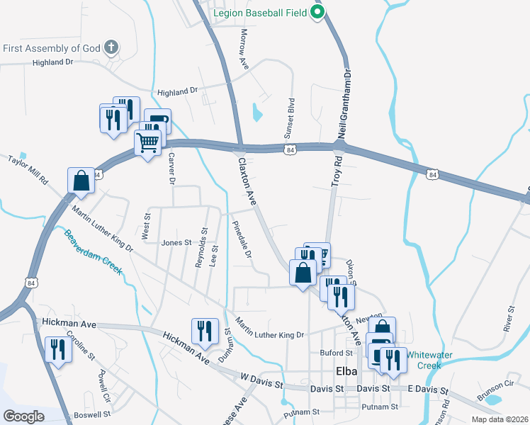 map of restaurants, bars, coffee shops, grocery stores, and more near 810 Claxton Avenue in Elba