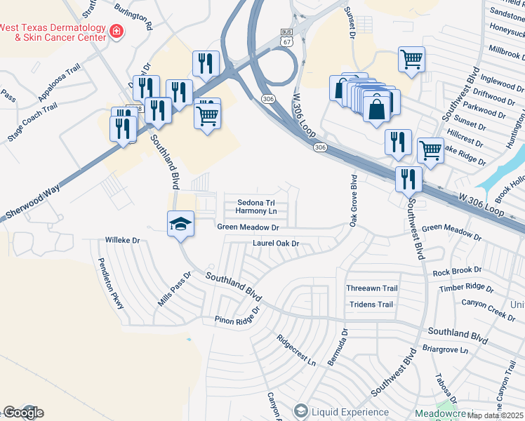 map of restaurants, bars, coffee shops, grocery stores, and more near 4101 Harmony Lane in San Angelo