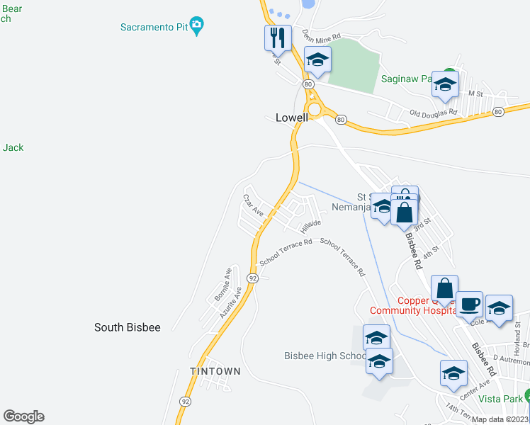 map of restaurants, bars, coffee shops, grocery stores, and more near 55 Czar Avenue in Bisbee