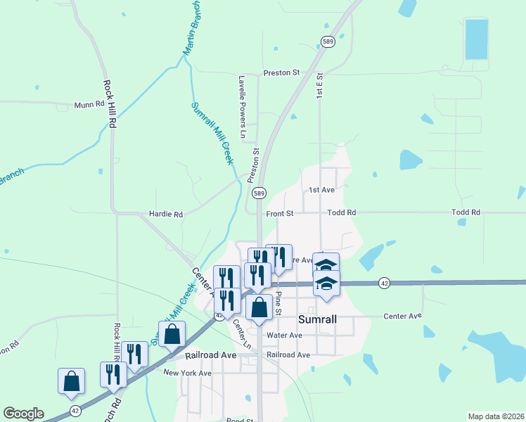 map of restaurants, bars, coffee shops, grocery stores, and more near 4962-5022 State Highway 589 in Sumrall