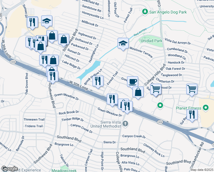 map of restaurants, bars, coffee shops, grocery stores, and more near 4249 Forest Trail in San Angelo