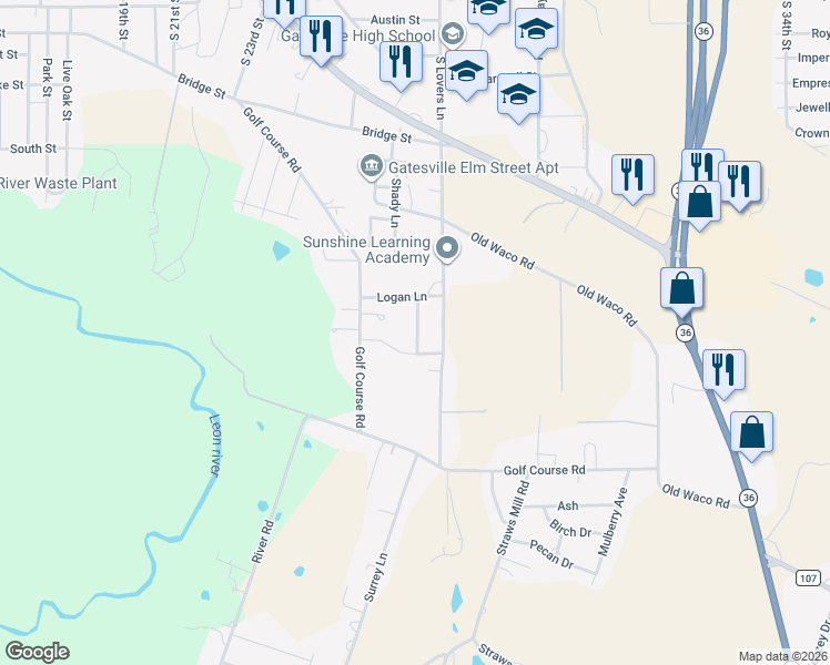 map of restaurants, bars, coffee shops, grocery stores, and more near 902 Clover Street in Gatesville