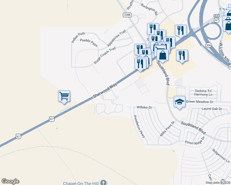 map of restaurants, bars, coffee shops, grocery stores, and more near 6133 Sherwood Way in San Angelo