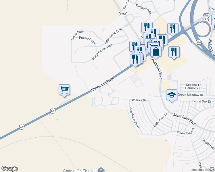 map of restaurants, bars, coffee shops, grocery stores, and more near 6133 Sherwood Way in San Angelo