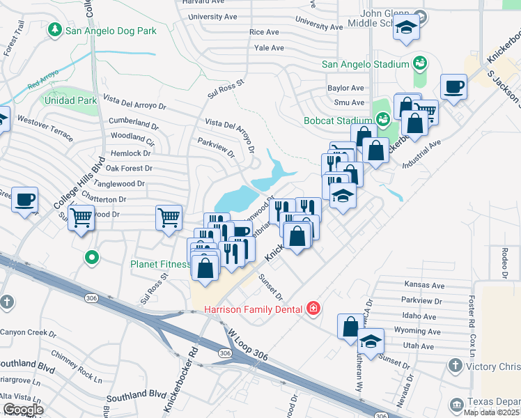 map of restaurants, bars, coffee shops, grocery stores, and more near 2518 Lindenwood Drive in San Angelo
